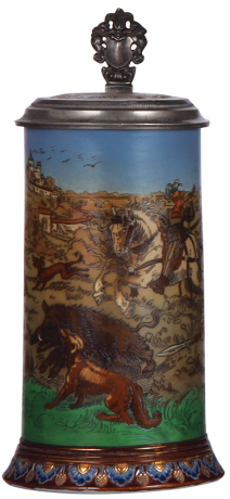 Mettlach stein, 1.0L, 2083, etched, The Boar Hunt, inlaid lid, excellent repair of chip on upper rim.
