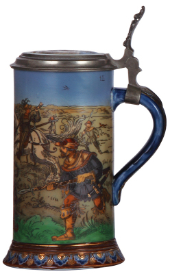 Mettlach stein, 1.0L, 2083, etched, The Boar Hunt, inlaid lid, excellent repair of chip on upper rim. - 2
