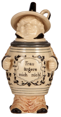Character stein, .5L, pottery, marked 622, by Reinhold Hanke, Funnel Man, small chips on inlay edge in rear.