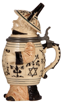 Character stein, .5L, pottery, marked 622, by Reinhold Hanke, Funnel Man, small chips on inlay edge in rear. - 2