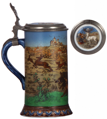 Mettlach stein, 1.0L, 2083, etched, The Boar Hunt, inlaid lid, excellent repair of chip on upper rim. - 3