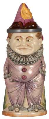 Character stein, .1.0L, pottery, by Diesinger, 749, Clown, 3" hairline in base at rear.