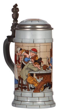 Mettlach stein, 1.0L, 2880, etched, by F. Quidenus, inlaid lid, two small factory blisters on interior of body, otherwise mint.