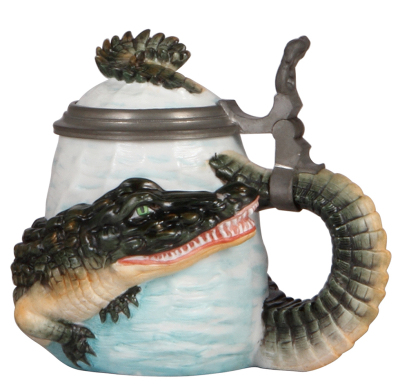 Character stein, .5L, porcelain, unmarked, by E. Bohne Söhne, Wrap-Around Alligator, mint.       