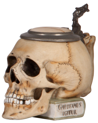 Character stein, .5L, porcelain, marked 9136, by E. Bohne Söhne, Skull on Book, mint.