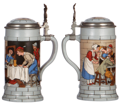 Mettlach stein, 1.0L, 2880, etched, by F. Quidenus, inlaid lid, two small factory blisters on interior of body, otherwise mint. - 2