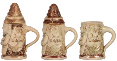 Three Character steins, 4.0" ht., pottery, by Diesinger, not numbered, Clowns, two have set-on lids, bodies are all in good condition, lids have small chips & faint lines. - 2