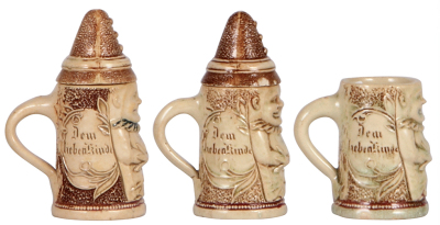 Three Character steins, 4.0" ht., pottery, by Diesinger, not numbered, Clowns, two have set-on lids, bodies are all in good condition, lids have small chips & faint lines. - 3