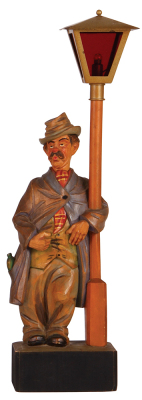 Black Forest wood carving, Whistler, 19.0" ht., made by Griesbaum, founded in 1905, located in Triberg in the Black Forest, lamp with wind-up key, battery powered lamp, whistler working and good condition.