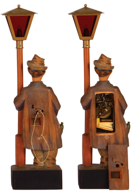Black Forest wood carving, Whistler, 19.0" ht., made by Griesbaum, founded in 1905, located in Triberg in the Black Forest, lamp with wind-up key, battery powered lamp, whistler working and good condition. - 2