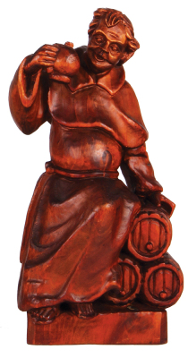 Black Forest wood carving, 16.2'' ht., linden wood, carved in Germany, late 1900s, Monk sitting on five barrels, very good condition.