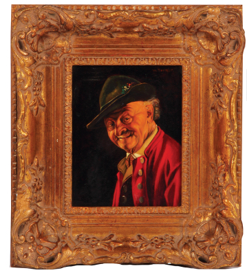 Painting, 7.1'' x 5.5'', frame 12.4'' x 11.0'', oil on panel, artist W. Roessler, 1882 - 1916, Bavarian man, chips on frame, painting very good condition.