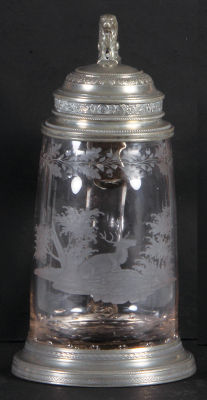 Glass stein, .5L, blown, mid 1800s, wheel-engraved, stag, bubbles in base, pewter lid & footring, mint. 