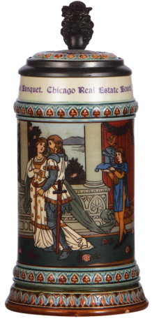 Mettlach stein, .5L, 2391, etched, inlaid lid, Nineteenth Annual Banquet, Chicago Real Estate Board, January 16, 1902, pewter strap repaired, body mint.