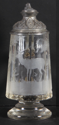 Glass stein, .5L, blown, faceted, wheel-engraved, stag, pewter lid, mint.