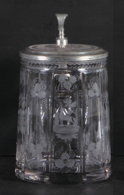 Glass stein, .5L, blown, mid 1800s, faceted, wheel-engraved: stag & dogs, matching glass inlaid lid, mint. 