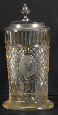 Glass stein, 1.0L, blown, faceted, cut, polished, early 1800s, medallion in front: FSP, pewter lid, mint.