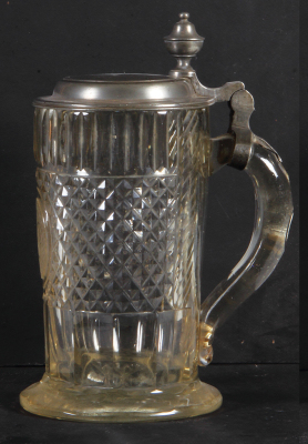 Glass stein, 1.0L, blown, faceted, cut, polished, early 1800s, medallion in front: FSP, pewter lid, mint. - 2