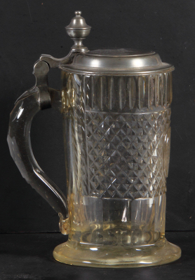 Glass stein, 1.0L, blown, faceted, cut, polished, early 1800s, medallion in front: FSP, pewter lid, mint. - 3