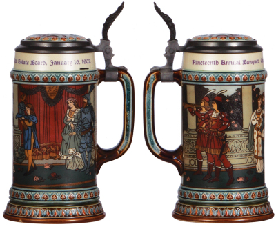 Mettlach stein, .5L, 2391, etched, inlaid lid, Nineteenth Annual Banquet, Chicago Real Estate Board, January 16, 1902, pewter strap repaired, body mint. - 2