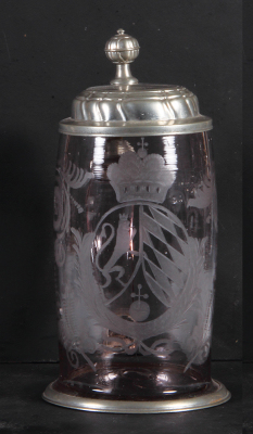 Glass stein, 1.0L, blown, late 1700s, wheel-engraved, Bavarian coat-of-arms, pewter lid, later pewter hinge, otherwise mint.