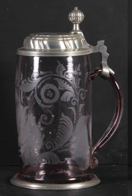 Glass stein, 1.0L, blown, late 1700s, wheel-engraved, Bavarian coat-of-arms, pewter lid, later pewter hinge, otherwise mint. - 2