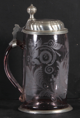 Glass stein, 1.0L, blown, late 1700s, wheel-engraved, Bavarian coat-of-arms, pewter lid, later pewter hinge, otherwise mint. - 3