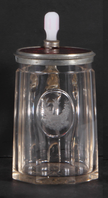 Glass stein, .5L, blown, mid 1800s, faceted, wheel-engraved memorial, glass inlaid lid: ruby flashed, engraved: 26. August 1851, milk glass thumblift, mint. 
