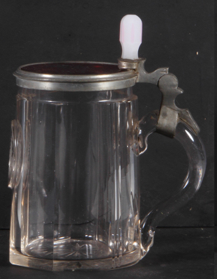 Glass stein, .5L, blown, mid 1800s, faceted, wheel-engraved memorial, glass inlaid lid: ruby flashed, engraved: 26. August 1851, milk glass thumblift, mint.  - 2