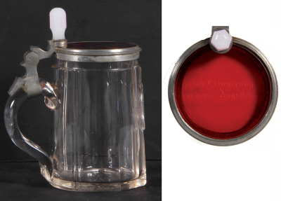 Glass stein, .5L, blown, mid 1800s, faceted, wheel-engraved memorial, glass inlaid lid: ruby flashed, engraved: 26. August 1851, milk glass thumblift, mint.  - 3