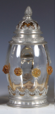 Glass stein, .5L, blown, clear, applied amber glass prunts, ribbed, glass inlaid lid with pewter overlay, mint.