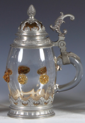 Glass stein, .5L, blown, clear, applied amber glass prunts, ribbed, glass inlaid lid with pewter overlay, mint. - 2