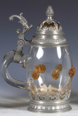 Glass stein, .5L, blown, clear, applied amber glass prunts, ribbed, glass inlaid lid with pewter overlay, mint. - 3