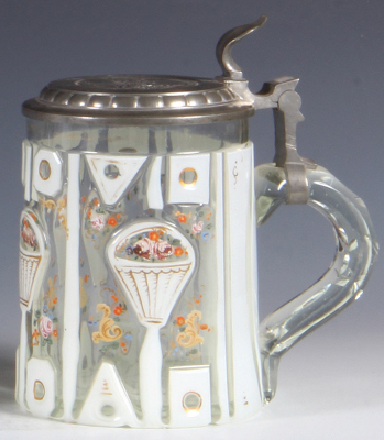 Glass stein, .5L, blown, mid 1800s, white on clear overlay, hand-painted, gilded, relief pewter lid: Industrie Gebaeude zu München, mint. - 2