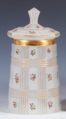 Glass stein, .5L, blown, mid 1800s, white opaline, cut, enameled, matching glass set-on lid, minor top rim flake.