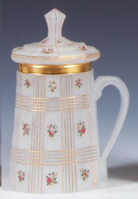 Glass stein, .5L, blown, mid 1800s, white opaline, cut, enameled, matching glass set-on lid, minor top rim flake. - 2