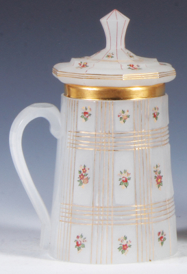 Glass stein, .5L, blown, mid 1800s, white opaline, cut, enameled, matching glass set-on lid, minor top rim flake. - 3