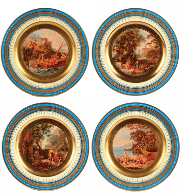 Four porcelain plates, 10.1” d., transfer and hand–painted, marked with Beehive, Royal Vienna, Odysseus and Hermes, Odysseus and Kyklope, Odysseus and Telemachos, Odysseus and Kalypso, a little gold wear, otherwise very good condition.