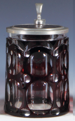 Glass stein, .5L, blown, clear, mid 1800s, red glass overlay, cut pattern, matching glass inlaid lid, mint.