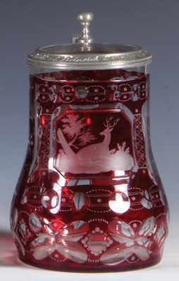 Glass stein, .5L, blown, clear, red stain, cut, wheel engraved, stag clear glass inlaid lid, minor wear, otherwise mint.