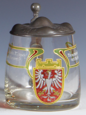 Glass stein, .5L, blown, enameled, coat-of-arms, pewter lid, mint.