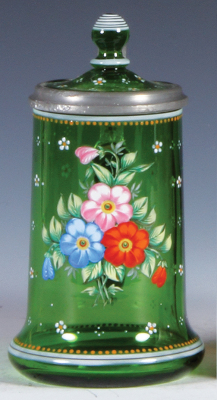 Glass stein, .3L, blown, green, hand-painted, flowers, matching glass inlaid lid, minor scratches on pewter rim, glass mint.