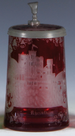 Glass stein, 5.5" ht., blown, ruby flashed, wheel-engraved: Rheinstein, matching glass inlaid lid, mint. 
