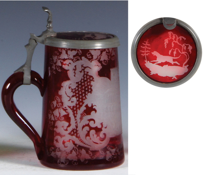 Glass stein, 5.5" ht., blown, ruby flashed, wheel-engraved: Rheinstein, matching glass inlaid lid, mint.  - 3
