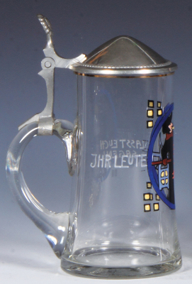 Glass stein, .5L, blown, clear, hand-painted, by Ludwig Hohlwein, pewter lid, mint. - 3