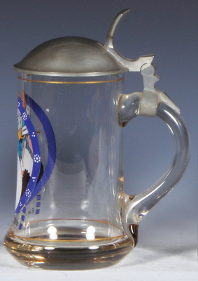 Glass stein, .5L, blown, clear, transfer & hand-painted, 1906 shooting festival, pewter lid, mint. - 2