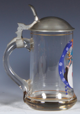 Glass stein, .5L, blown, clear, transfer & hand-painted, 1906 shooting festival, pewter lid, mint. - 3