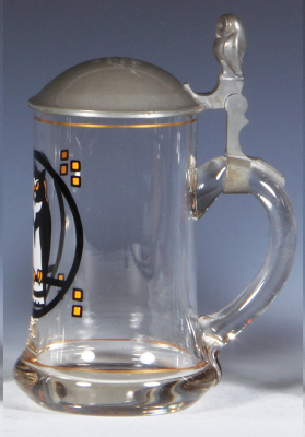 Glass stein, .5L, blown, clear, hand-painted, by Ludwig Hohlwein, pewter lid, mint. - 2