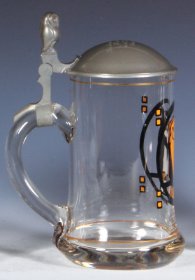 Glass stein, .5L, blown, clear, hand-painted, by Ludwig Hohlwein, pewter lid, mint. - 3