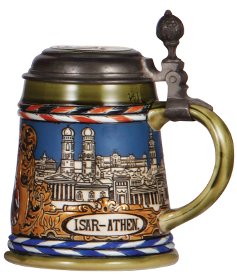 Mettlach stein, .5L, 3043, etched, München, new inlay, pewter is original, body mint. - 2